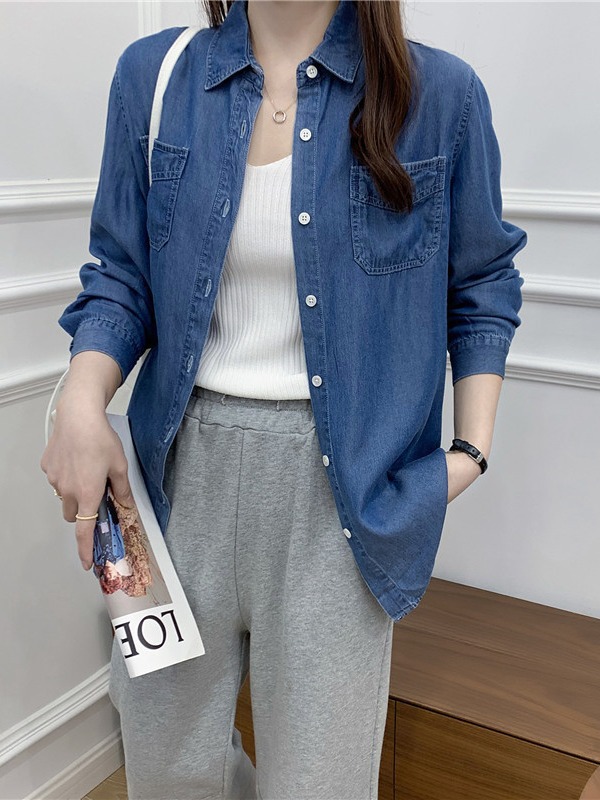 텐셀 데님 셔츠 여성 봄과 여름 새로운 소프트 더링 느슨한 캐주얼 셔츠 한국 스타일 외부 탑