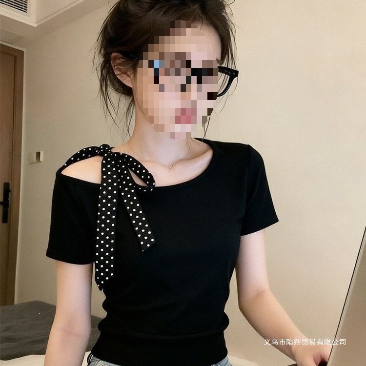 Plus-Size French-Style Black Off-Shoulder Short-Sleeve Shirt for Women, 2026 Summer New Niche Polka Dot Tie Slimming Top Plus-Size French-Style Black Off-Shoulder Short-Sleeve Shirt for Women, 2026 Summer New Niche Polka Dot Tie Slimming Top