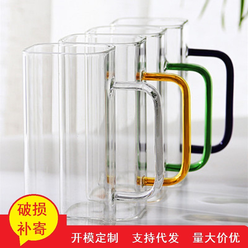 Color cuadrado mango vidrio ins estilo cuadrado taza de té verde con mango taza de desayuno resistente a altas temperaturas creativo café taza de leche