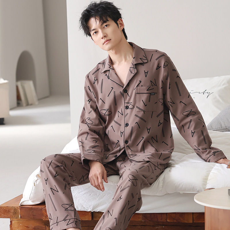 Pijama primavera y otoño cardigán de hombre 2025 nuevo algodón de manga larga se puede usar fuera de la versión suelta del conjunto de ropa para el hogar