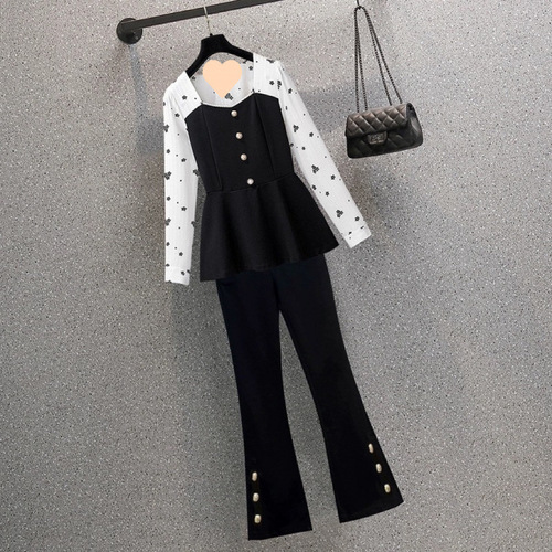 Slimming Set for Women with Plus Size Style, Spring and Autumn 2025, for Chubby Sisters, Tummy Covering, Waist Cinching Shirt, Bell Bottom Pants