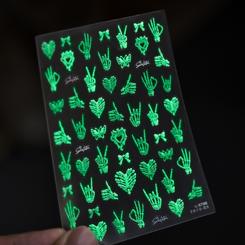 Tomoni Nail Art Stickers Funny Party Glow-In-The-Dark Nails Cute Cat Eye Skeleton Gesture Nail Art Decoration