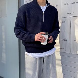 Autumn half zipper cardigan sweater men's Korean-style trendy handsome all-match stand collar sweater top turtleneck coat