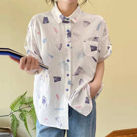 夏季新款 韩版时尚设计感小众 水墨印花宽松衬衫女短袖