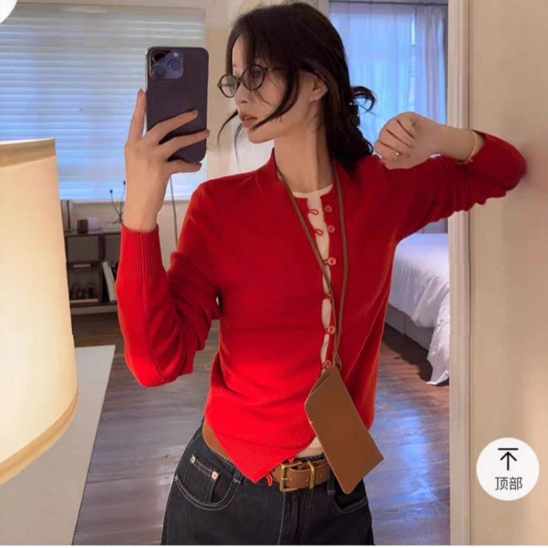 韩系假两件长袖针织衫女装秋冬新款设计感小众毛衣修身辣妹上衣女|undefined