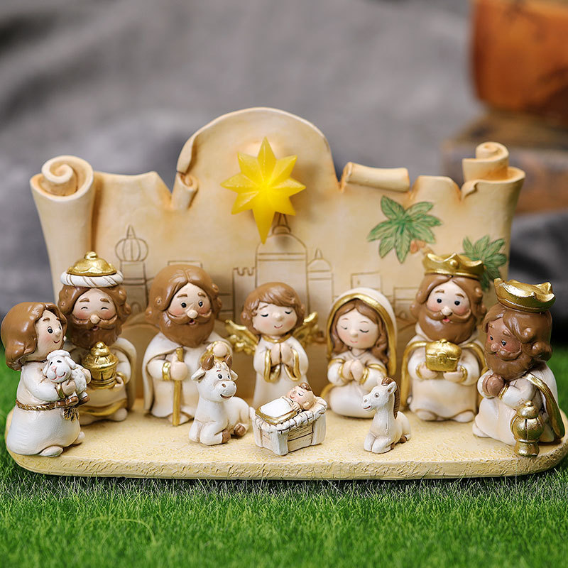 Fabricantes personalizados regalos de Navidad dibujos animados nacimiento pesebre grupo escenas pequeñas decoraciones estatuas artesanías decorativas para el hogar