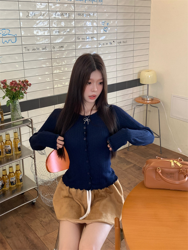 小个子短款蕾丝花边圆领长袖针织衫上衣女装修身显瘦开衫毛衣秋季|undefined