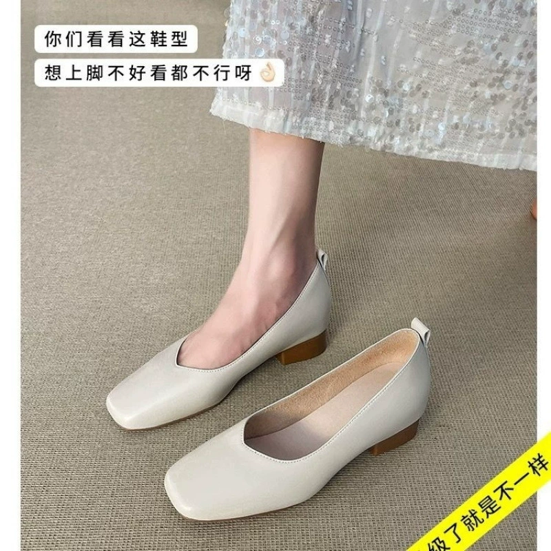 Soft leather~Small inner height increasing single shoes for women with shallow mouth, thick heel, square toe granny shoes, soft sole beanie shoes