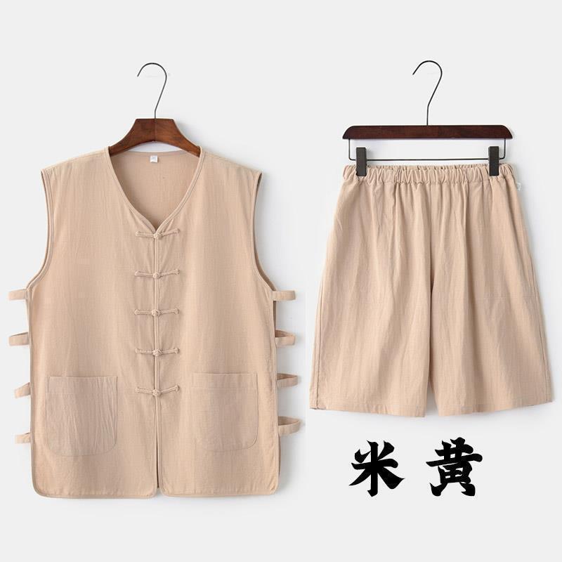 Chaleco sin mangas de lino de verano pantalones cortos chaleco delgado chaleco traje Tang chaqueta traje retro chino para hombre viejo image 9