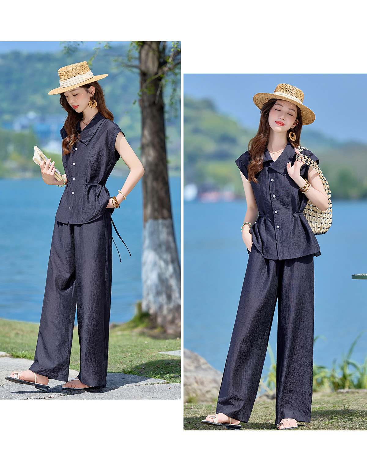 Bộ hai mảnh sơ mi phối quần ống rộng phong cách Pháp cổ điển, thiết kế thanh lịch, tôn dáng — Xanh lông mòng đen, màu xám chi tiết 19