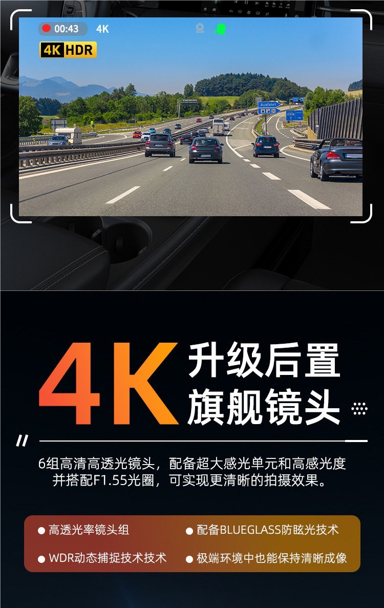Front and Rear 4K Electronic Rearview Mirrors, In-Car Streaming Media Driving Recorder, Reversing Image, Blind Spot, Carplay Navigation