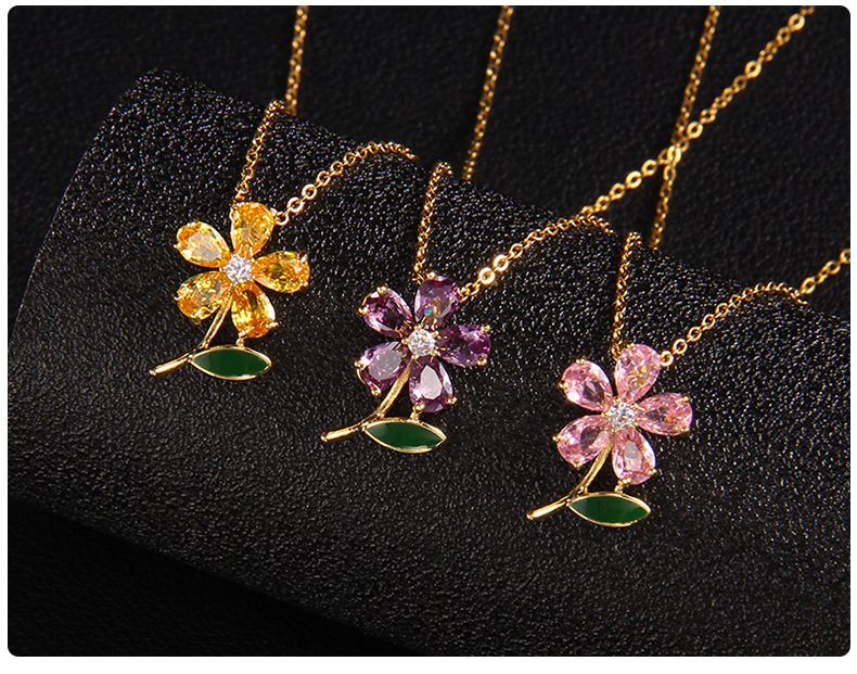 7g Weight Copper Pendant Material Wholesale Jewelry Elegant Streetwear Leaf Flower Titanium Steel Copper Zircon Plating Pendant Necklace