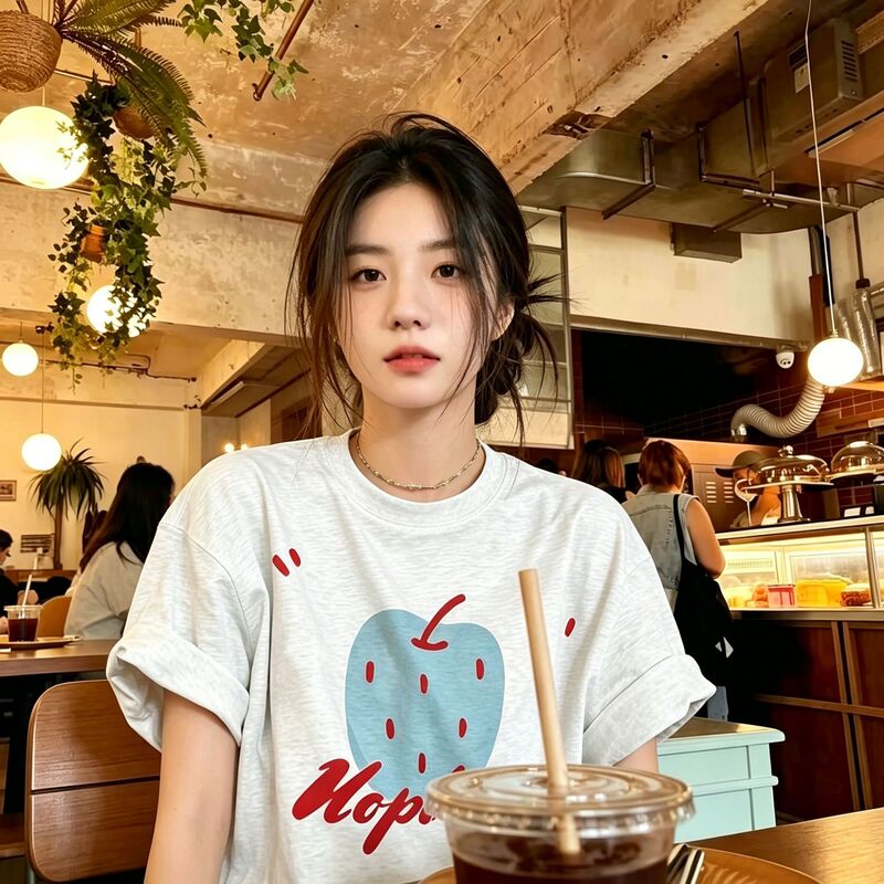 2026 New Summer Red Spot Blue Apple Print T-Shirt for Men and Women, Japanese Style Loose Casual Lazy Style 2026 New Summer Red Spot Blue Apple Print T-Shirt for Men and Women, Japanese Style Loose Casual Lazy Style