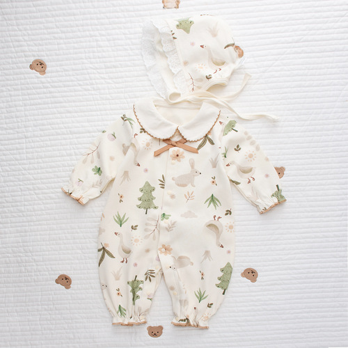 Spring New Little Princess Oil Painting Style Bunny Onesie Set for Newborn Infants Pure Cotton Placket Flower Edge Hat