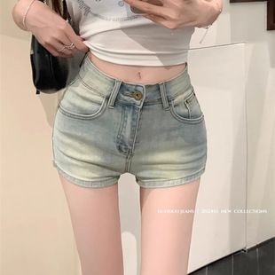 Distressed Light-Colored Denim Shorts for Women, Summer Retro High-Waisted Casual Straight Pants, Petite Hot Girl Slim Fit Hot Pants