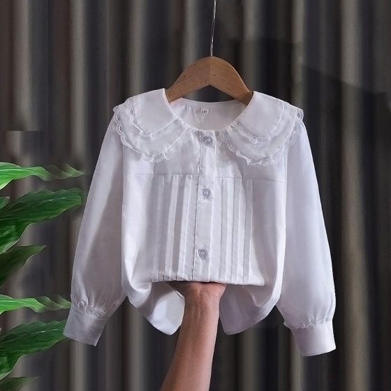 Children's Shirt Ruffled Inner Doll Collar Shirt Sweet Shirt New Long Sleeve Spring and Autumn Long Sleeve New Girls'