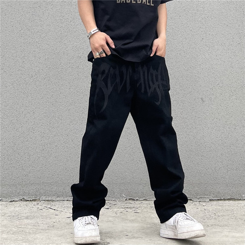 Black Jeans for Men and Women, Trendy High Street, American Retro Embroidered Letter High-Waist Straight Leg Hip-Hop Loose Jeans