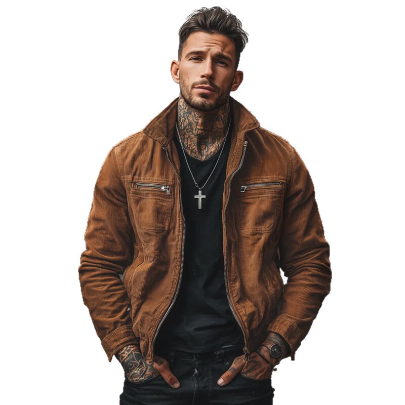 Foreign Trade Cross-Border Retro Style Autumn and Winter New Men's Pocket Corduroy Long-Sleeved European and American Stripesd Lapel Jacket