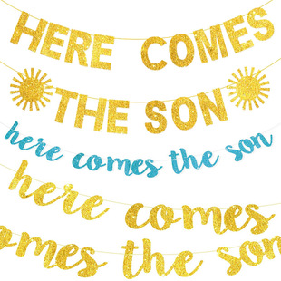 here comes the son Tiffany Blue Gold Glitter Flower baby shower Decorative Flag Banner