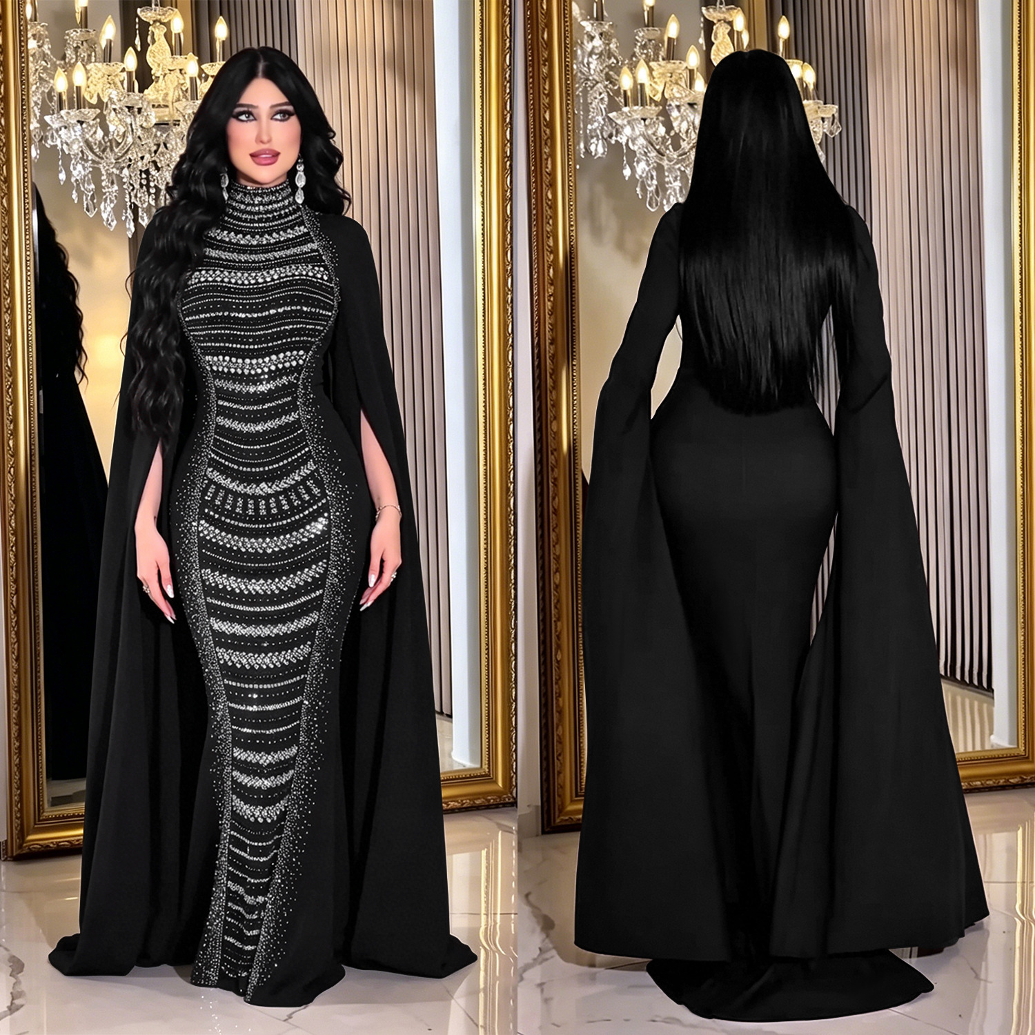 C7709 AliExpress transfronterizo Amazon Europa y América moda moda femenina temperamento elegante chapa de diamantes burbujas vestido image 1