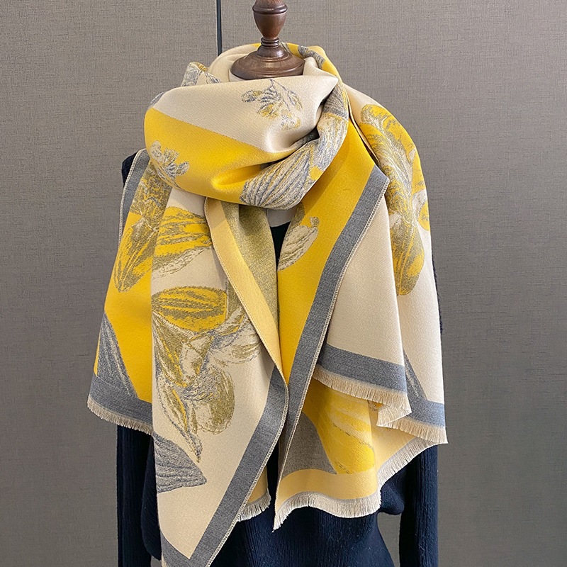 New fashionable faux cashmere scarf, autumn and winter color-blocked magnolia design, Korean-style versatile and elegant neck warmer, winter shawl for warmth