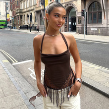 欧美女装2025夏季新款女式设计感流苏性感露背纯色挂脖吊带背心女