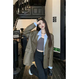 秋季设计感翻领假两件皮衣外套女早秋设计感小众宽松显瘦上衣