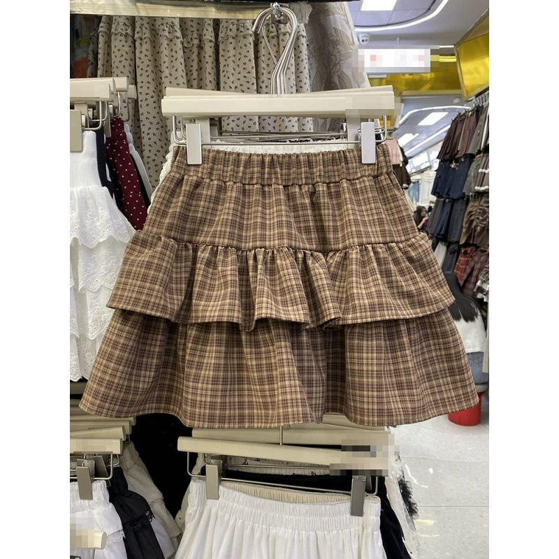 Юбка в клетку больших размеров, короткая юбка, новинка 2025 года, толстая юбка с высокой талией, утягивающая фигуру и прикрывающая тело, пышный стиль