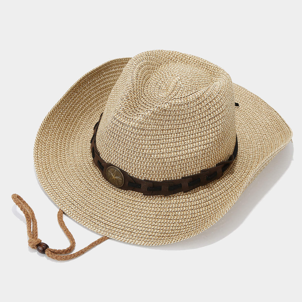 El viento del oeste decoración de sombrero de paja de vaquero para hombres y mujeres de verano retro al aire libre con cuerda a prueba de viento sombrero de sombrero solar transpirable