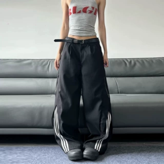 工厂 美式复古三道杠条纹休闲裤男女新款宽松休闲侧拉链设计感裤