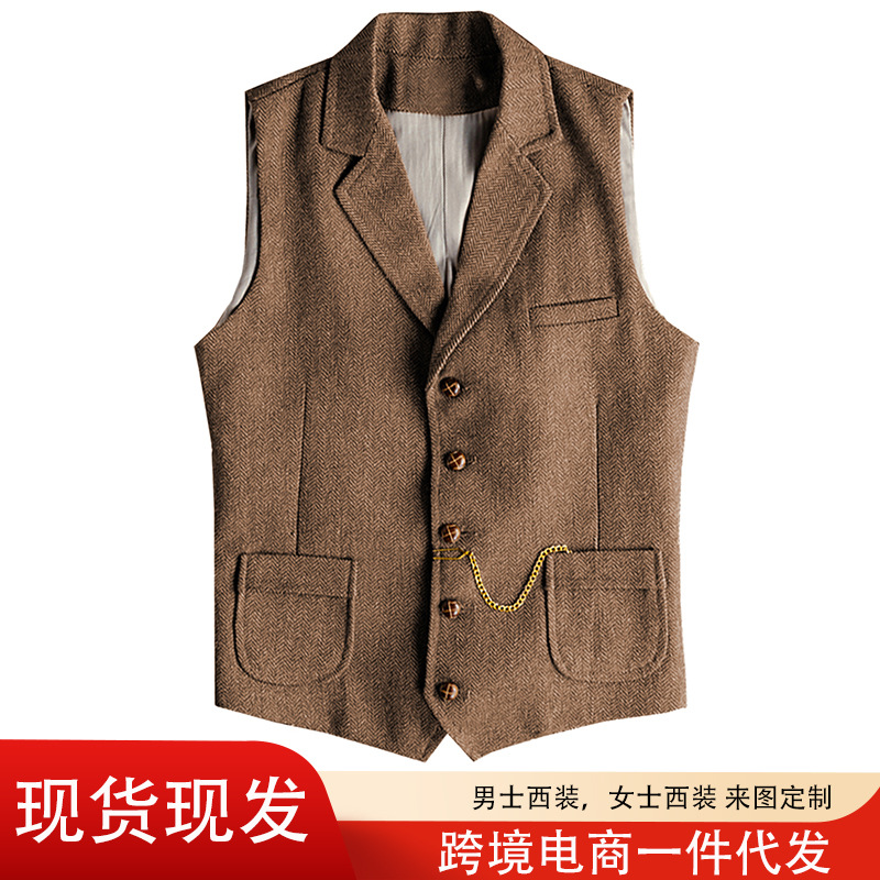 Cross-Border Hot-Selling Men's Vest New Herringbone Pattern Casual Slim Single-Breasted Vest Flat Lapel Collar Vest in Stock