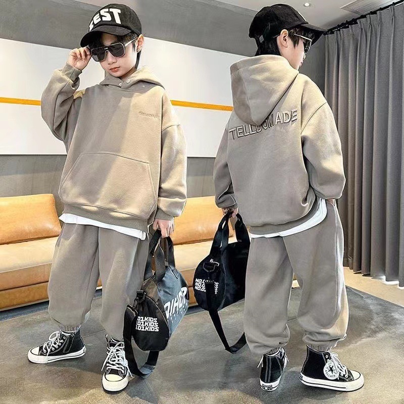 Children's Fashion Letter Casual Hooded Sweater Pants for Big Boys Loose Long sleeved Top and Leggings Set_voghion.com