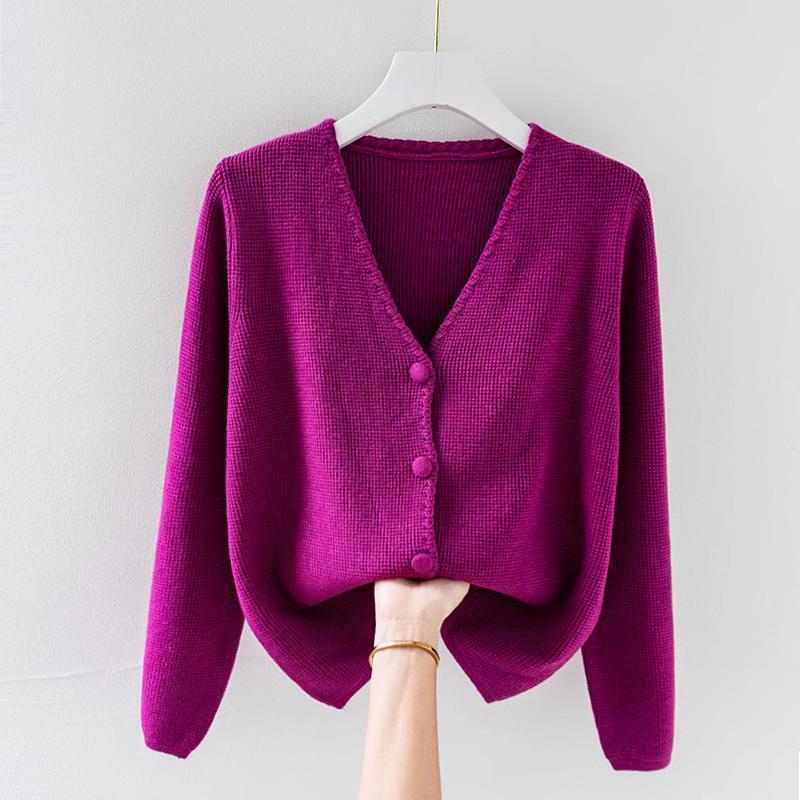 【 Cashmere Family 】 Strickjacke aus Wolle mit V-Ausschnitt, lockerer Damen-Strickpullover in Übergröße, kurzer Stil für den Herbst_voghion.com