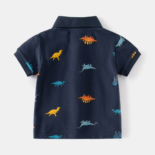 Summer New Cartoon Dinosaur Print Boys POLO Shirt Navy Casual Lapel Pique Cotton Children's Short Sleeve