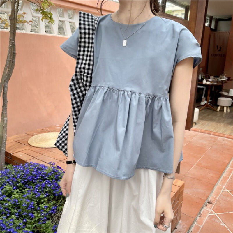 Back bow shirt women's summer short sleeve thin yellow round neck top age-reducing summer back lace-up sweet cute
