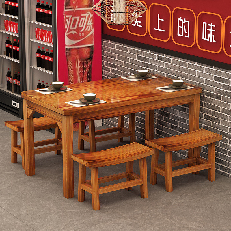 Solid Wood Hotel Table and Chair Combination Breakfast Snack Shop Noodle Shop Fast Food Table and Chairs Barbecue Shop Table Restaurant Carbonized Dining Table
