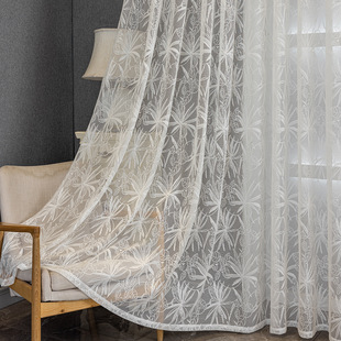 Modern Light Luxury American Style Maple Leaf Jacquard White Lace Window Screen Living Room Balcony Bedroom Finished Curtain White Gauze Curtain