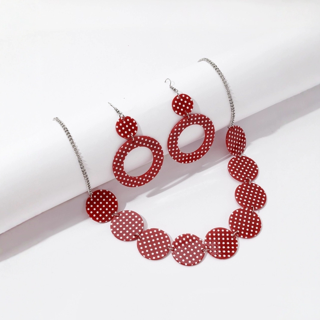 European and American Cross-border Acrylic Earrings Women's Black and White Red and White Wave Dot Geometric Round Personalized Fashion Vintage Earrings Necklace