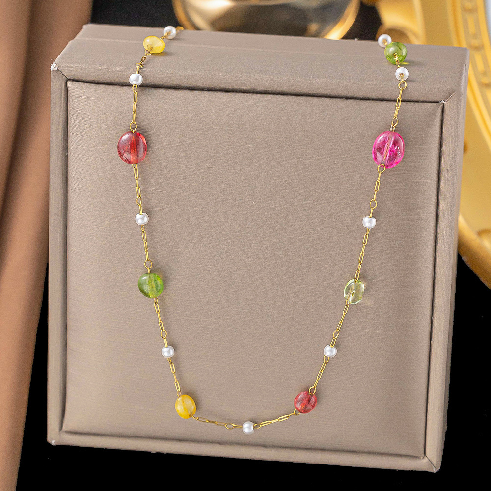 【XLH208】컬러 스톤 진주 목걸이 골드