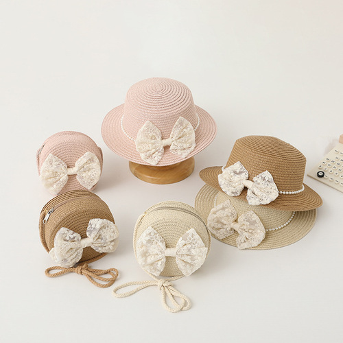 Children's sun protection hat, summer girl's sunshade straw hat bag set, baby girl's fashionable lace princess beach hat