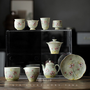 Powder lead hand-painted small daisy kung fu tea set two-cap bowl ceramic teapot fair cup single master cup tasting cup