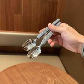 不锈钢卡通小熊勺儿童成人勺子叉子西餐具高颜值微笑熊宝宝吃面叉