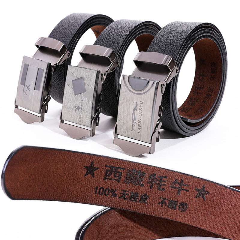 Xizang Yak Leather Belt for Men with Press Buckle, No Tooth Buckle, Suitable for Fairs, Market Stalls, and Ten-Yuan Stores