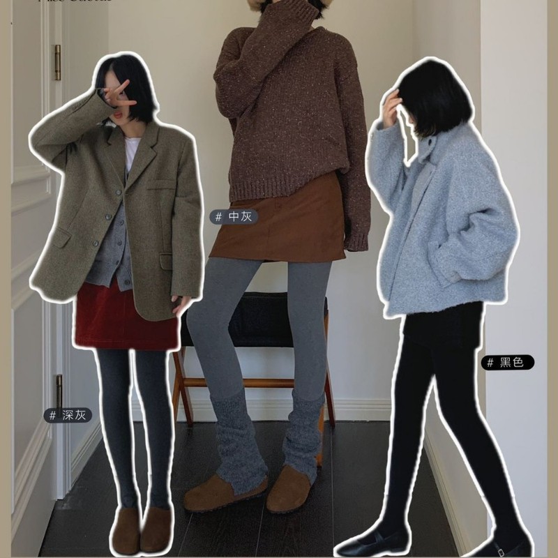 MISS Cactus615秋冬新款180克竖条磨毛格雷色系保暖百搭女打底裤|undefined