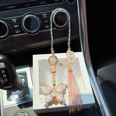 Song Brocade Butterfly Car Pendant Crystal Bead Car Hanging Ornament Rearview Mirror Pendant for Girls' Car Decoration (Car hanging) - cherry-blossom-powder