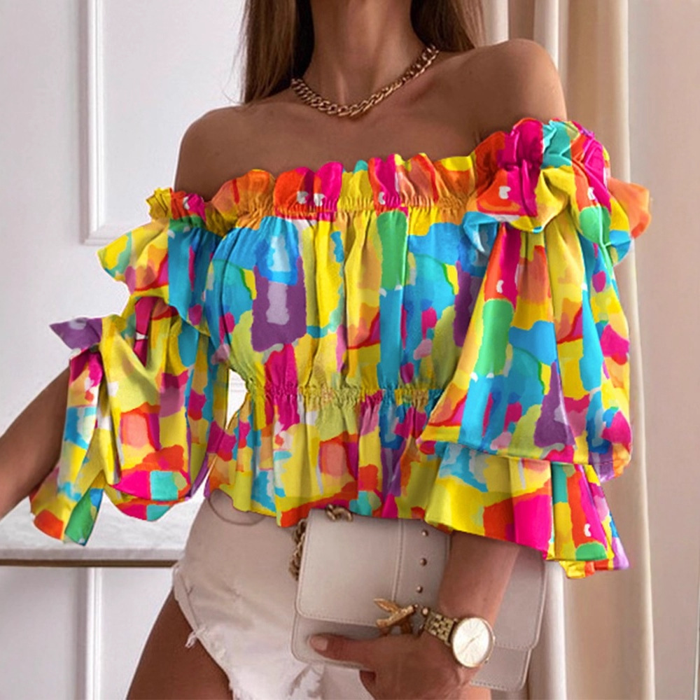 Camisa plisada de un solo hombro de nueva moda europea y americana para mujer, versátil, moderna, antiarrugas, de manga corta, diseño de hombros descubiertos de estilo americano