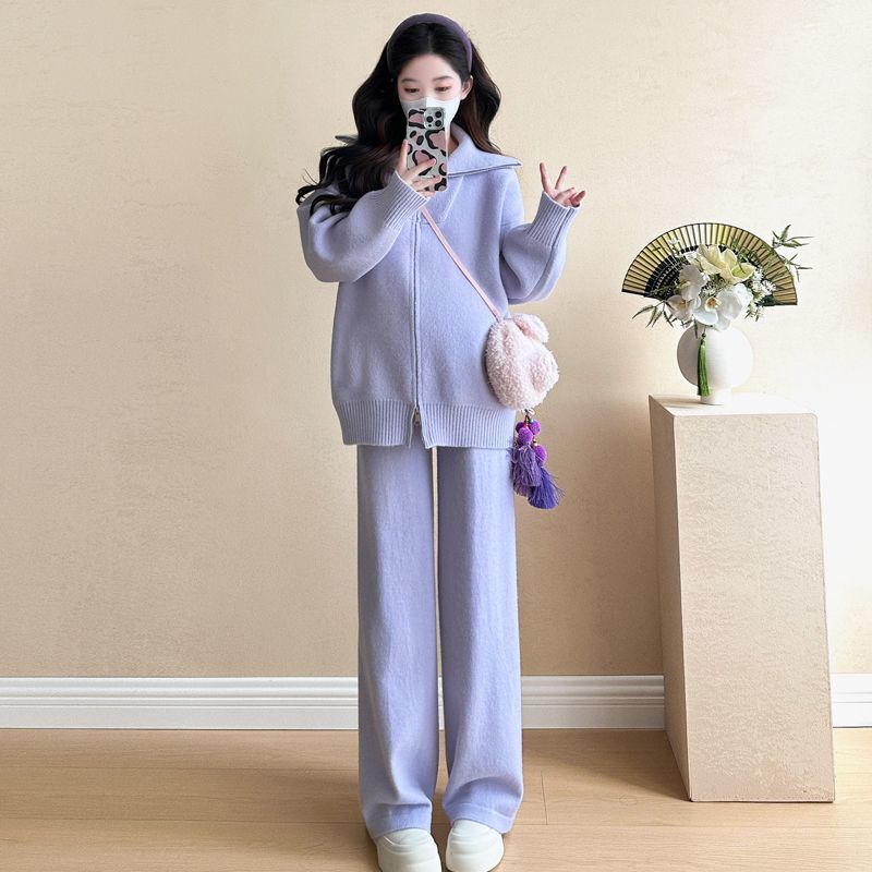 松弛感穿搭套装黄色宽松毛衣开衫外套女秋冬新款休闲阔腿裤两件套|undefined