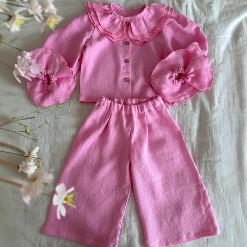 2025 INS 俄罗斯女童春秋亚麻休闲喇叭袖衬衫+阔腿裤 儿童二件套