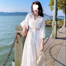 2025流行款连衣裙夏秋白色甜美法式泡泡袖过膝长裙沙滩裙出游裙子