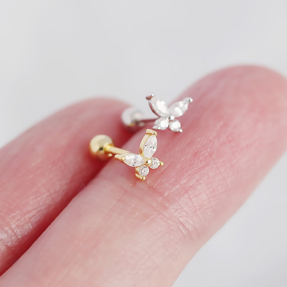 s925 silver butterfly zircon screw thread ear stud female